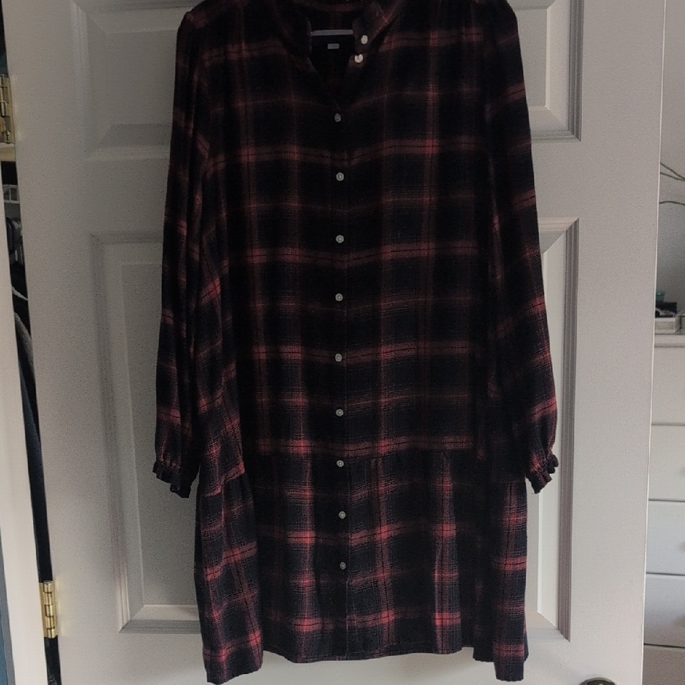 Plaid Button-Up Shirt Dress in Nacy and Orange - Flannel, Soft